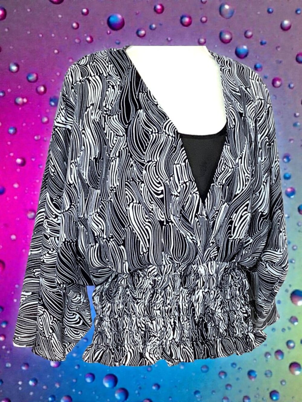 Allison Taylor L Top Blouse Tank Drop Waist Shirred Black White Abstract Ruffle - Picture 12 of 12
